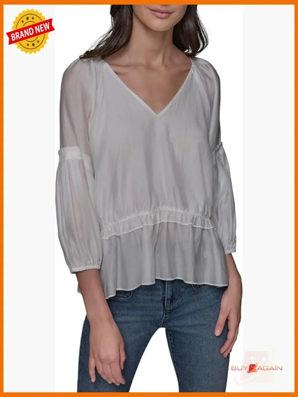 Long Sleeve V-Neck Ruffle Hem Blouse, Classic Fit, Hand Wash Only